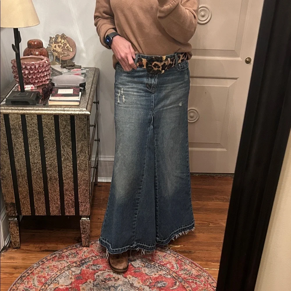 RARE Blue Denim Sz 6 Maxi Skirt DOUBLE fishtail inset front and back - Picture 1 of 4